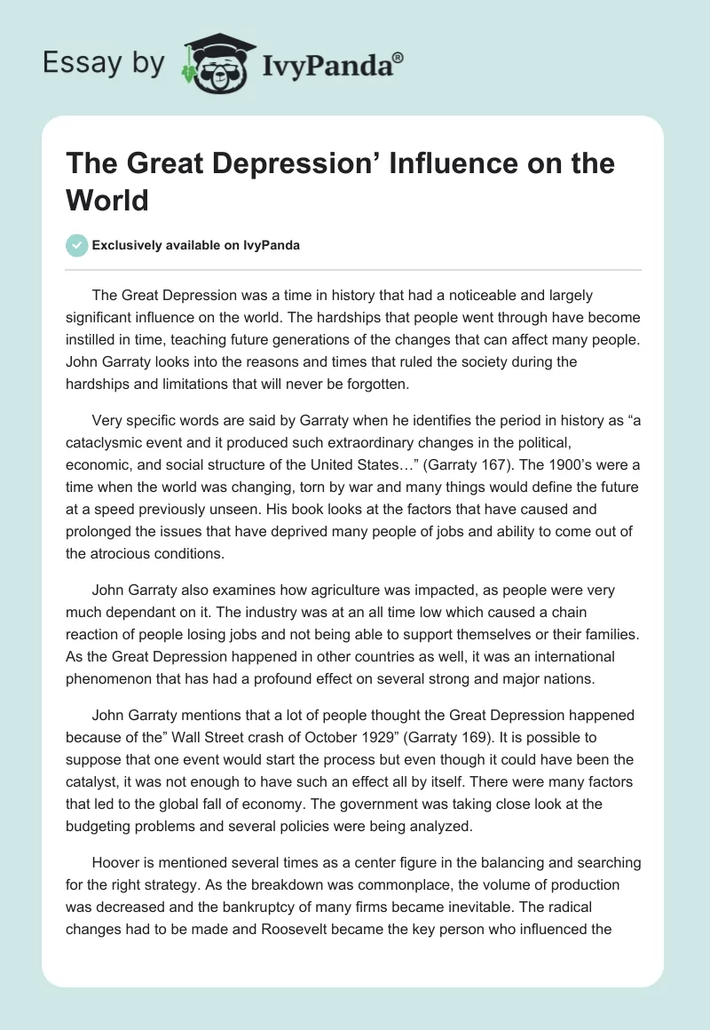 The Great Depression’ Influence on the World. Page 1