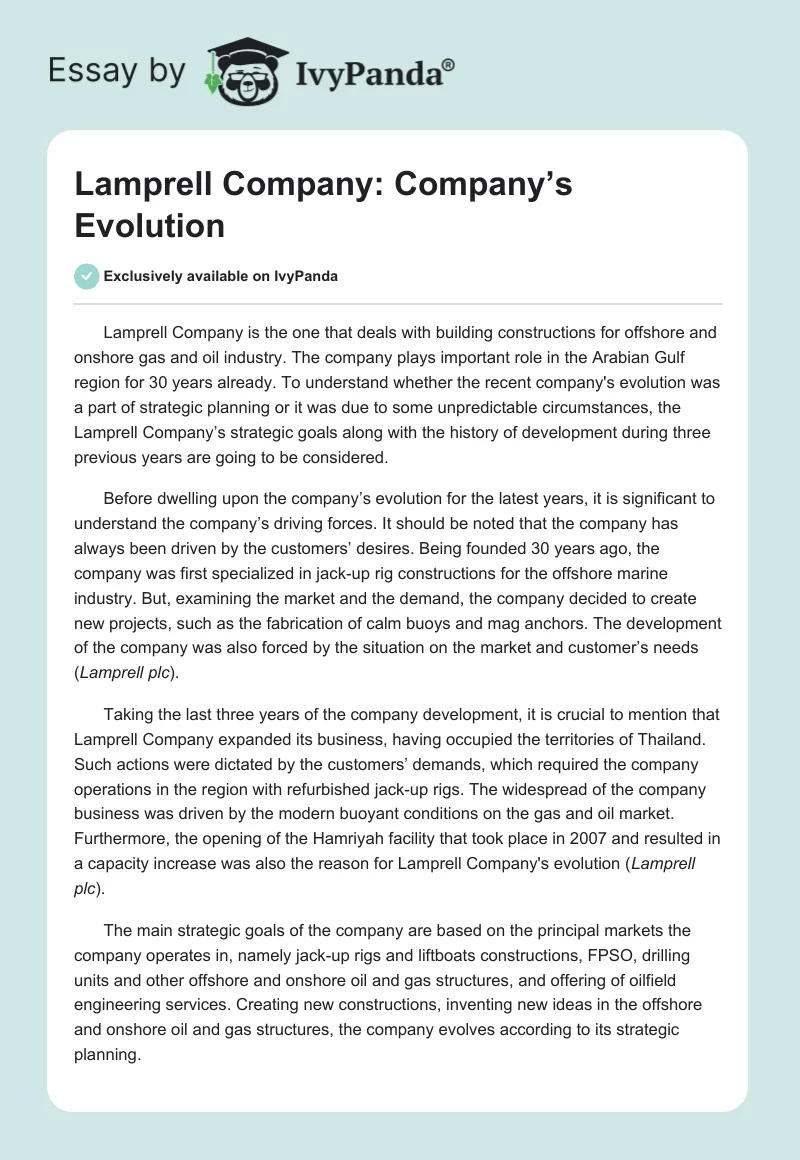Lamprell Company: Company’s Evolution. Page 1