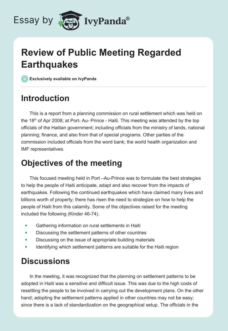 Review of Public Meeting Regarded Earthquakes. Page 1