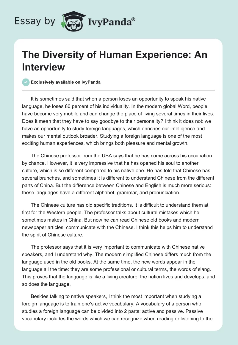 The Diversity of Human Experience: An Interview. Page 1
