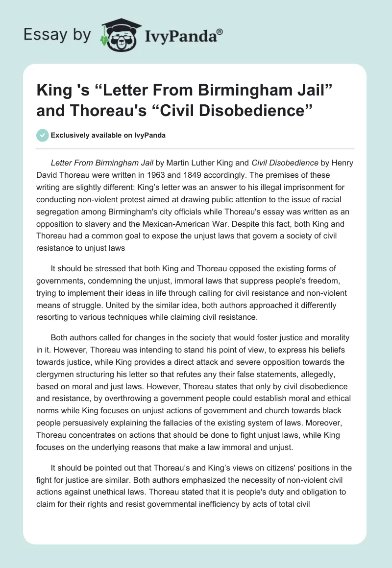King 's “Letter From Birmingham Jail” and Thoreau's “Civil Disobedience”. Page 1