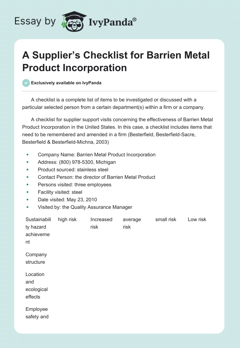 A Supplier’s Checklist for Barrien Metal Product Incorporation. Page 1