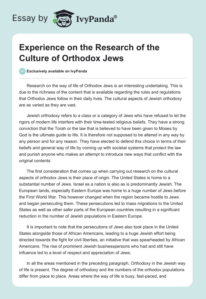 Experience on the Research of the Culture of Orthodox Jews. Page 1