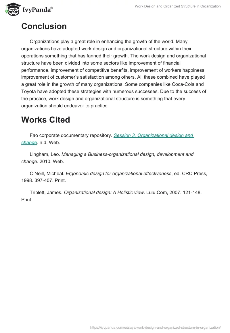 Work Design and Organized Structure in Organization. Page 3