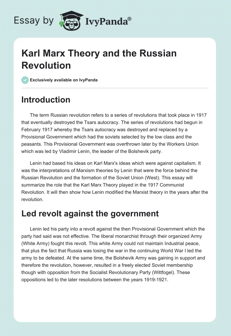 Karl Marx Theory and the Russian Revolution. Page 1