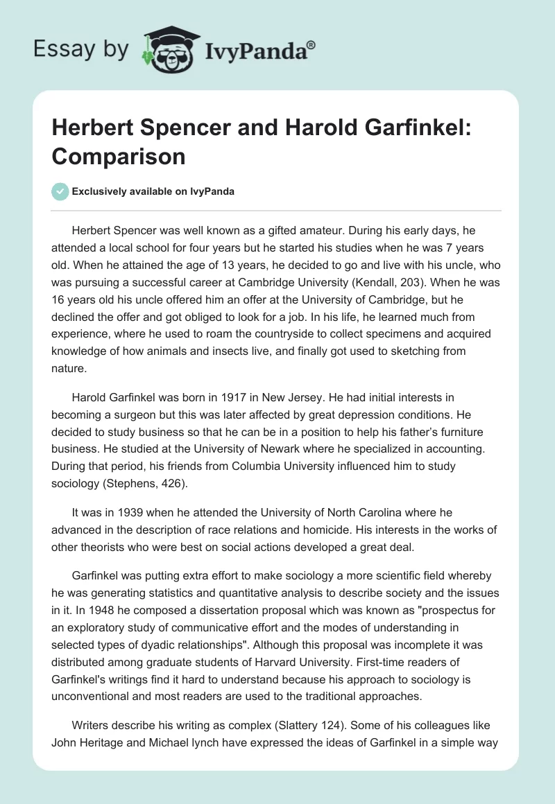 Herbert Spencer and Harold Garfinkel: Comparison. Page 1