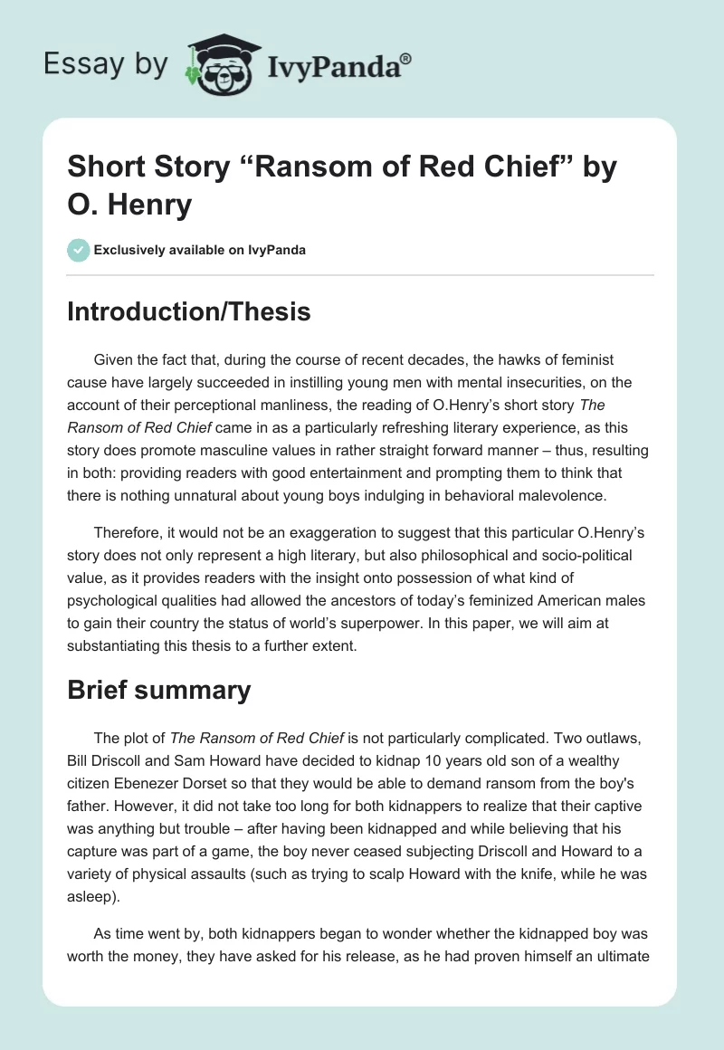 Short Story “Ransom of Red Chief” by O. Henry. Page 1