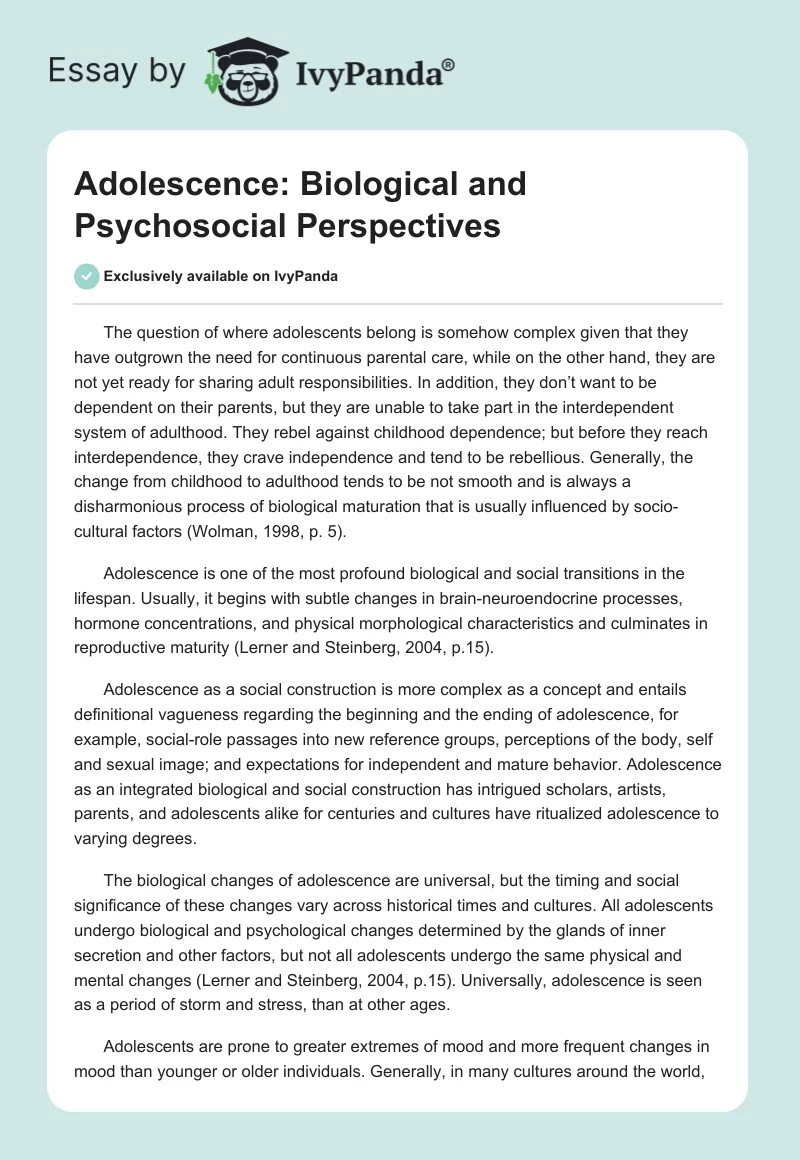 Adolescence: Biological and Psychosocial Perspectives. Page 1