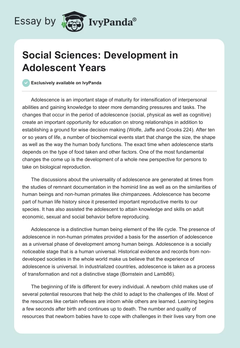 Social Sciences: Development in Adolescent Years. Page 1