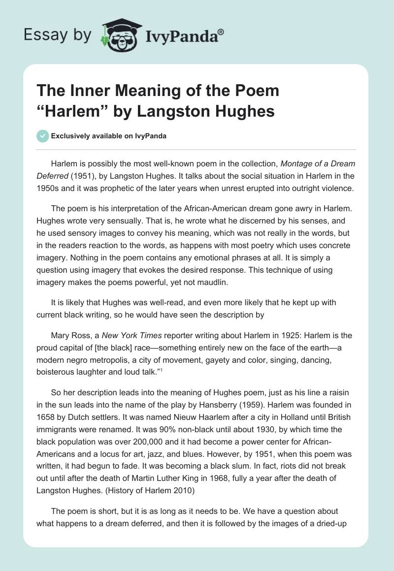 The Inner Meaning of the Poem “Harlem” by Langston Hughes. Page 1