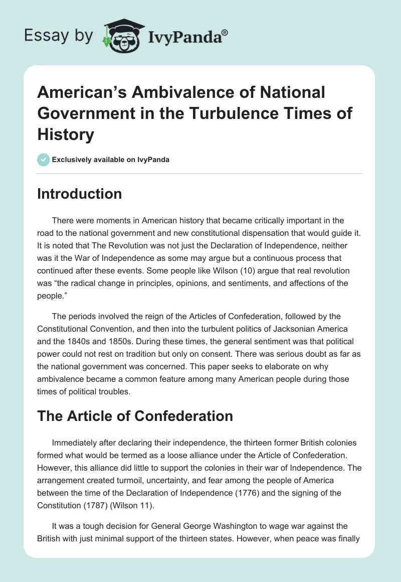 American’s Ambivalence of National Government in the Turbulence Times of History. Page 1