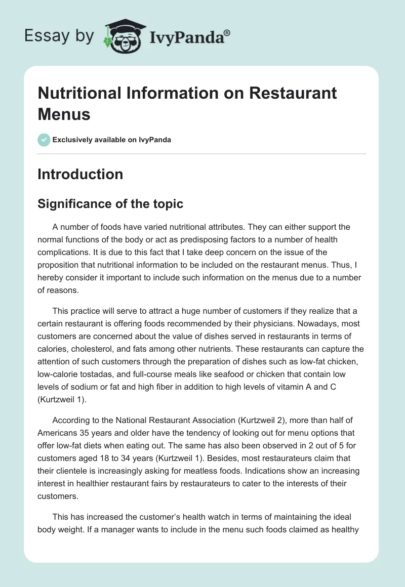 Nutritional Information on Restaurant Menus. Page 1