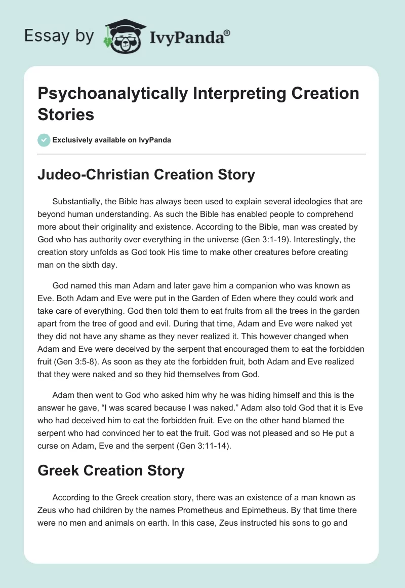 Psychoanalytically Interpreting Creation Stories. Page 1