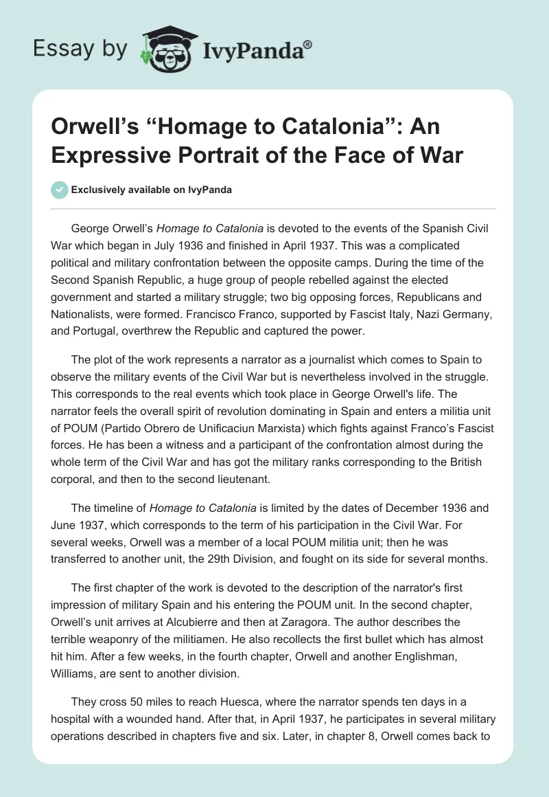 Orwell’s “Homage to Catalonia”: An Expressive Portrait of the Face of War. Page 1
