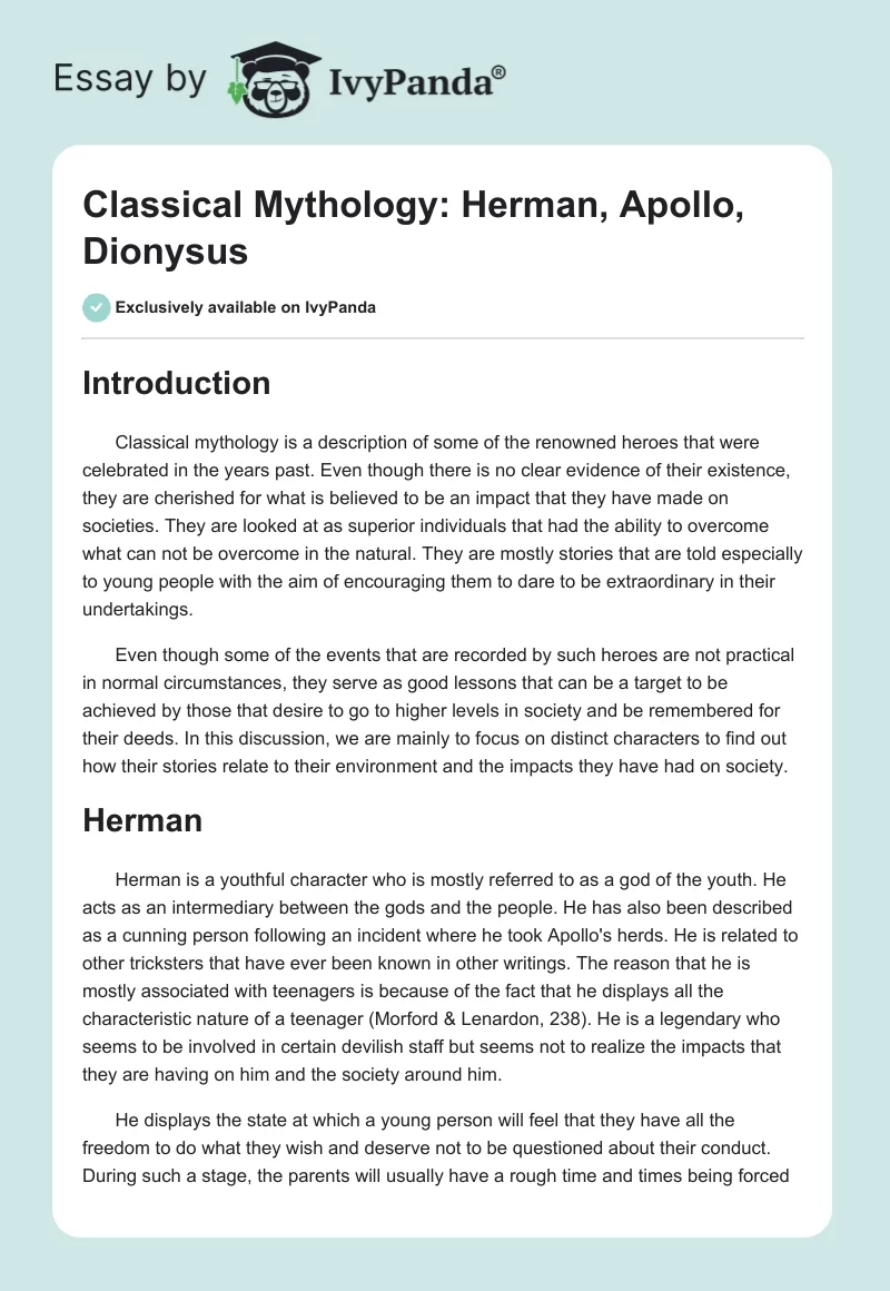 Classical Mythology: Herman, Apollo, Dionysus. Page 1