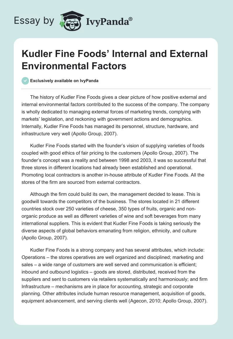 Kudler Fine Foods’ Internal and External Environmental Factors. Page 1