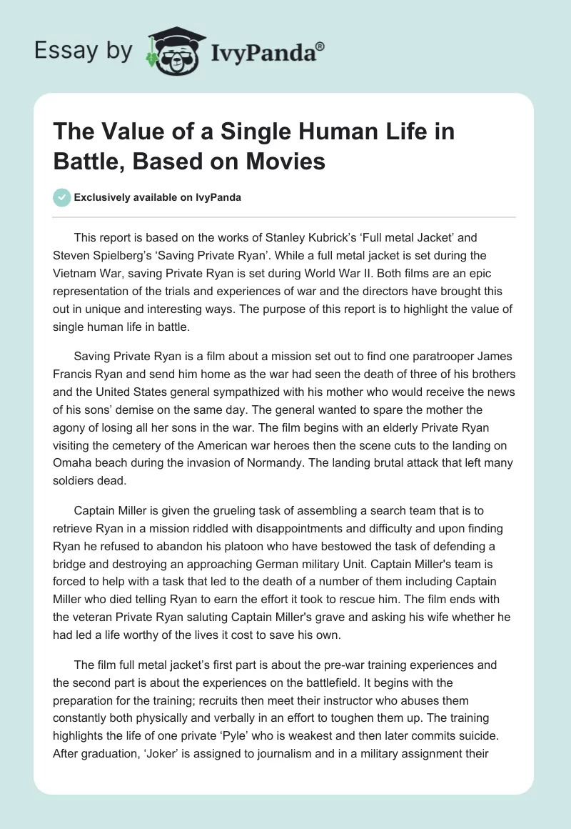 The Value of a Single Human Life in Battle, Based on Movies. Page 1