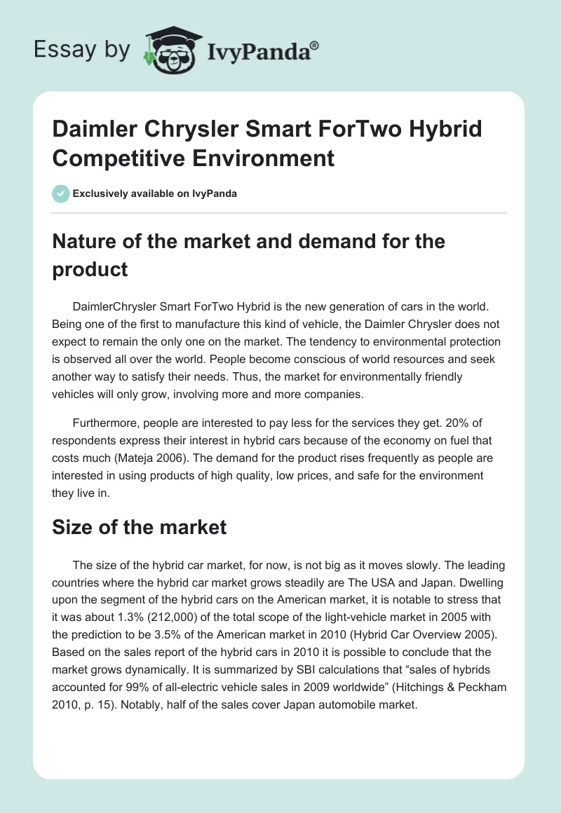 Daimler Chrysler Smart ForTwo Hybrid Competitive Environment. Page 1