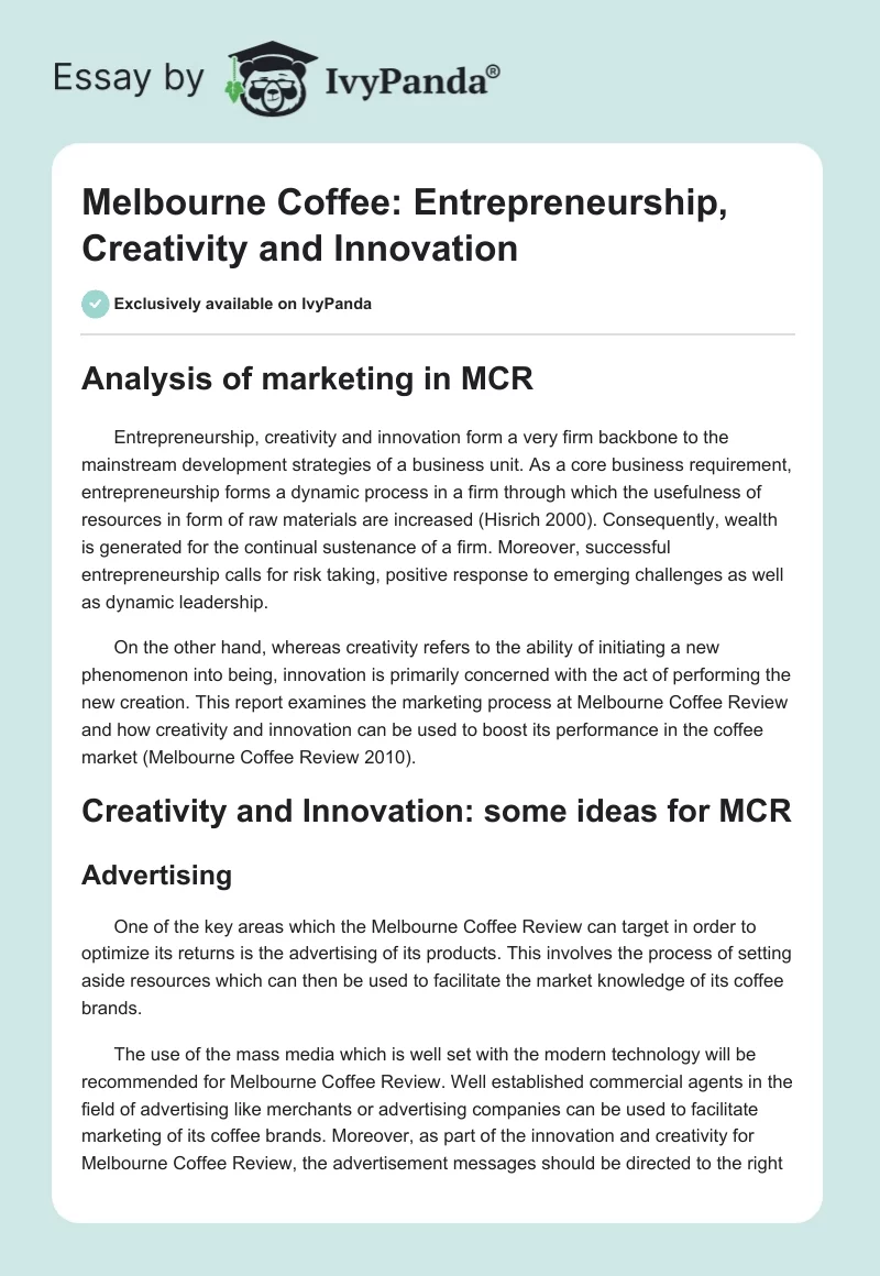 Melbourne Coffee: Entrepreneurship, Creativity and Innovation. Page 1