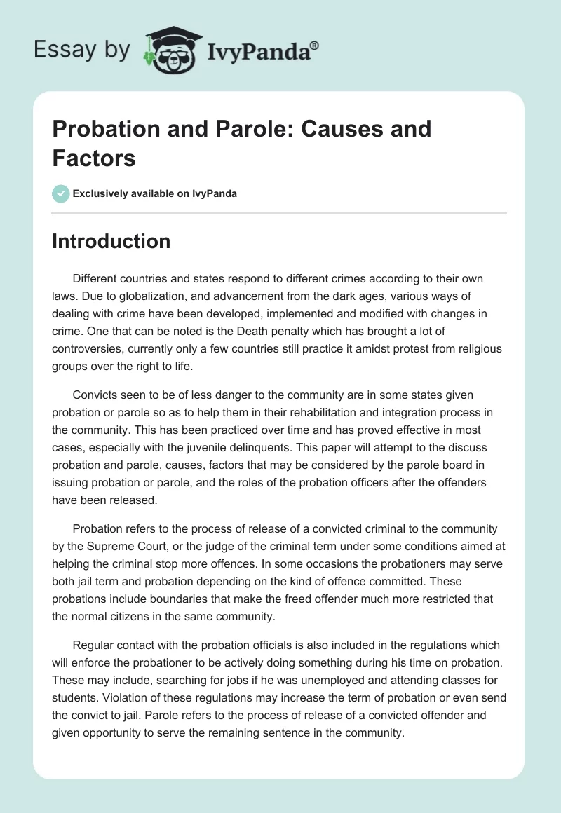 Probation and Parole: Causes and Factors. Page 1