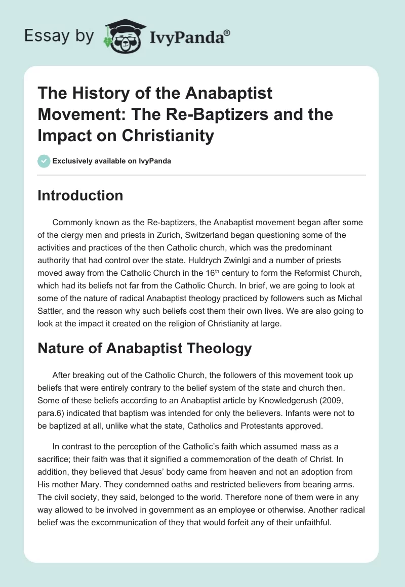 The History of the Anabaptist Movement: The Re-Baptizers and the Impact on Christianity. Page 1