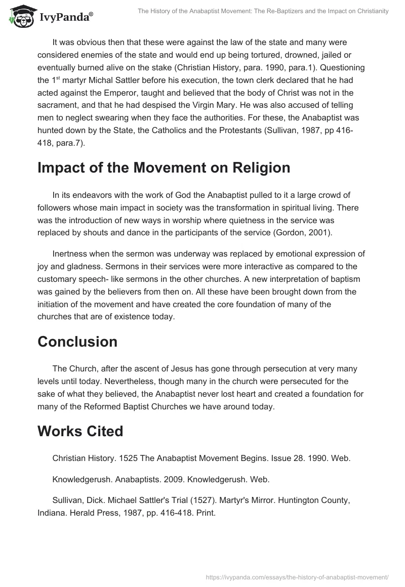 The History of the Anabaptist Movement: The Re-Baptizers and the Impact on Christianity. Page 2