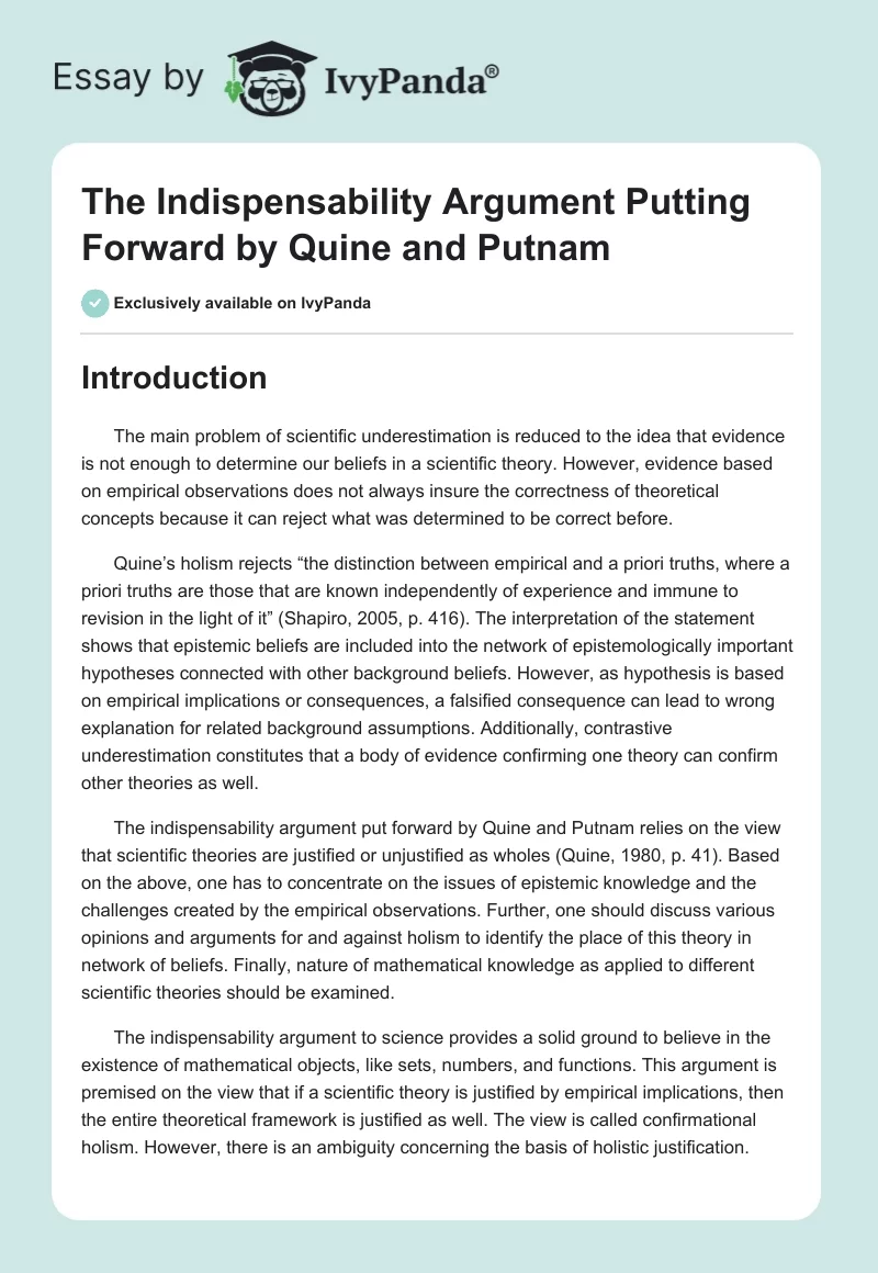 The Indispensability Argument Putting Forward by Quine and Putnam. Page 1