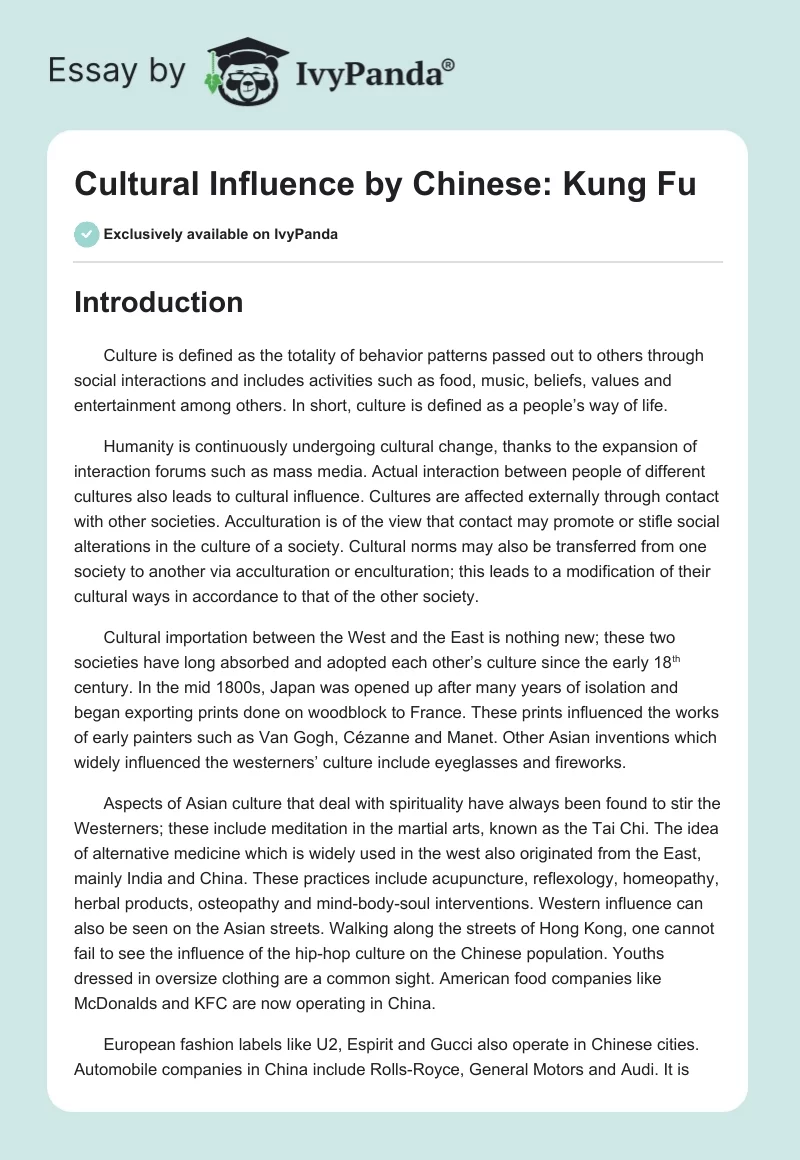 Cultural Influence by Chinese: Kung Fu. Page 1