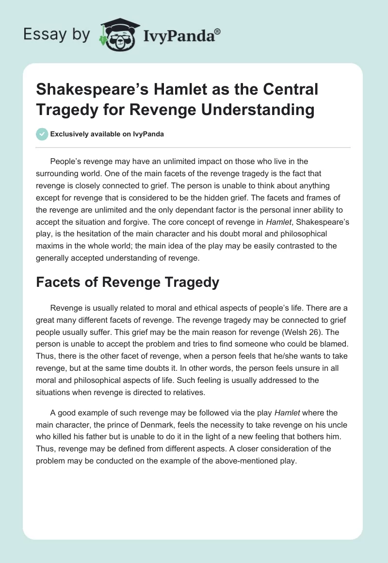 Shakespeare’s "Hamlet" as the Central Tragedy for Revenge Understanding. Page 1