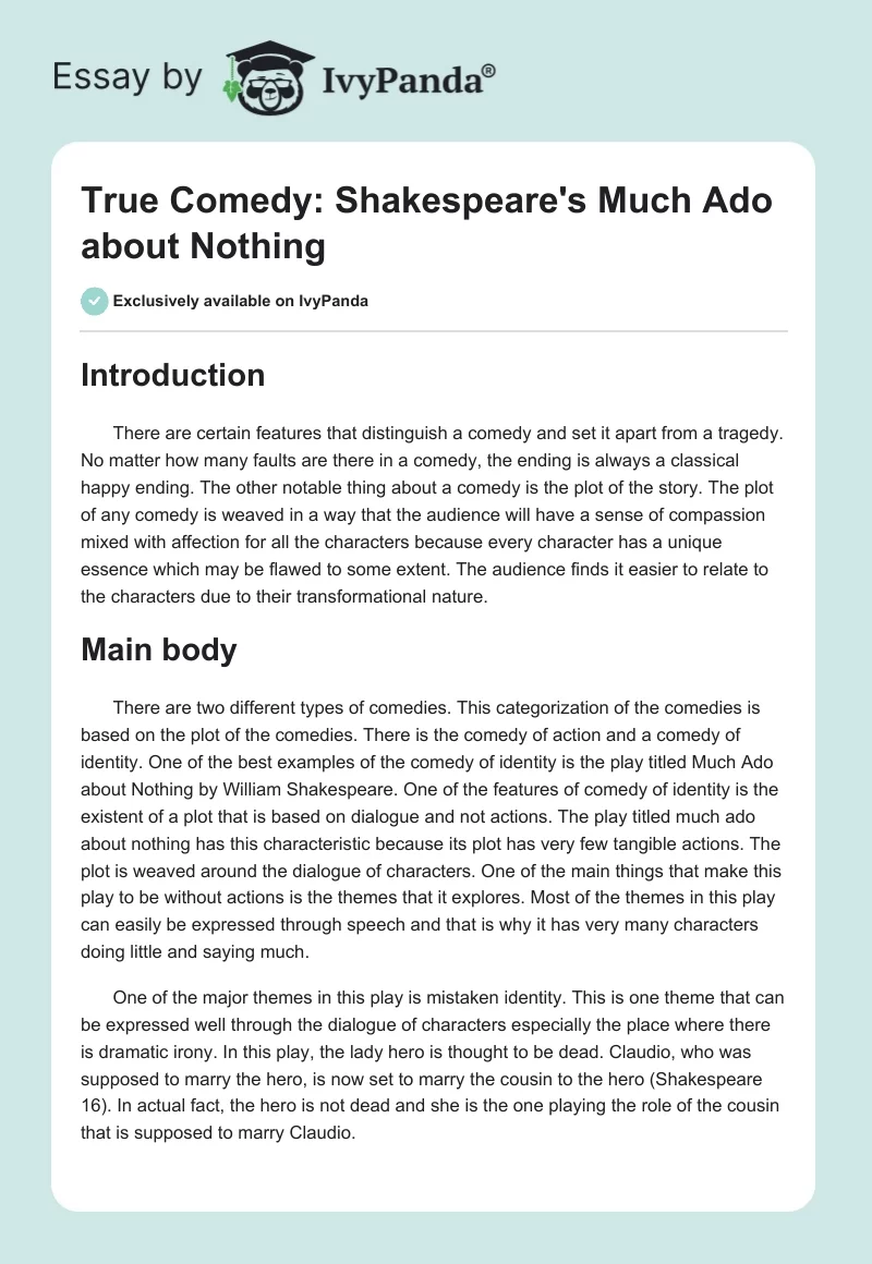 True Comedy: Shakespeare’s “Much Ado About Nothing”. Page 1