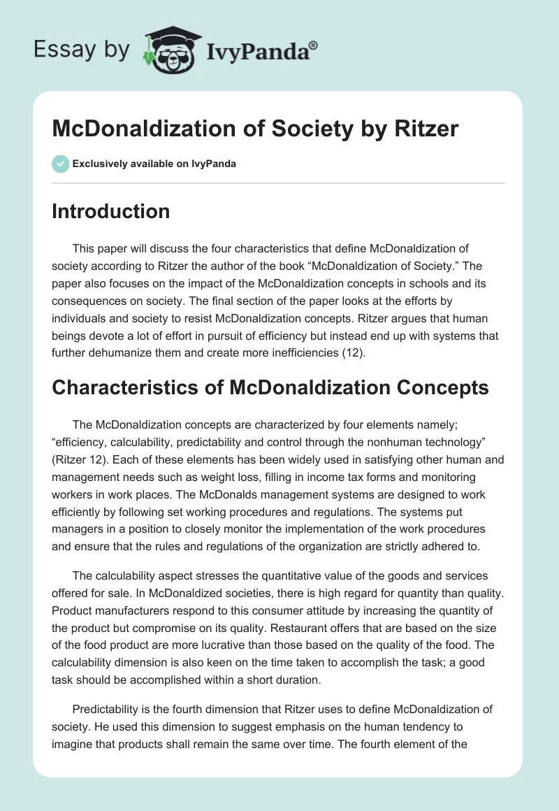 "McDonaldization of Society" by Ritzer. Page 1