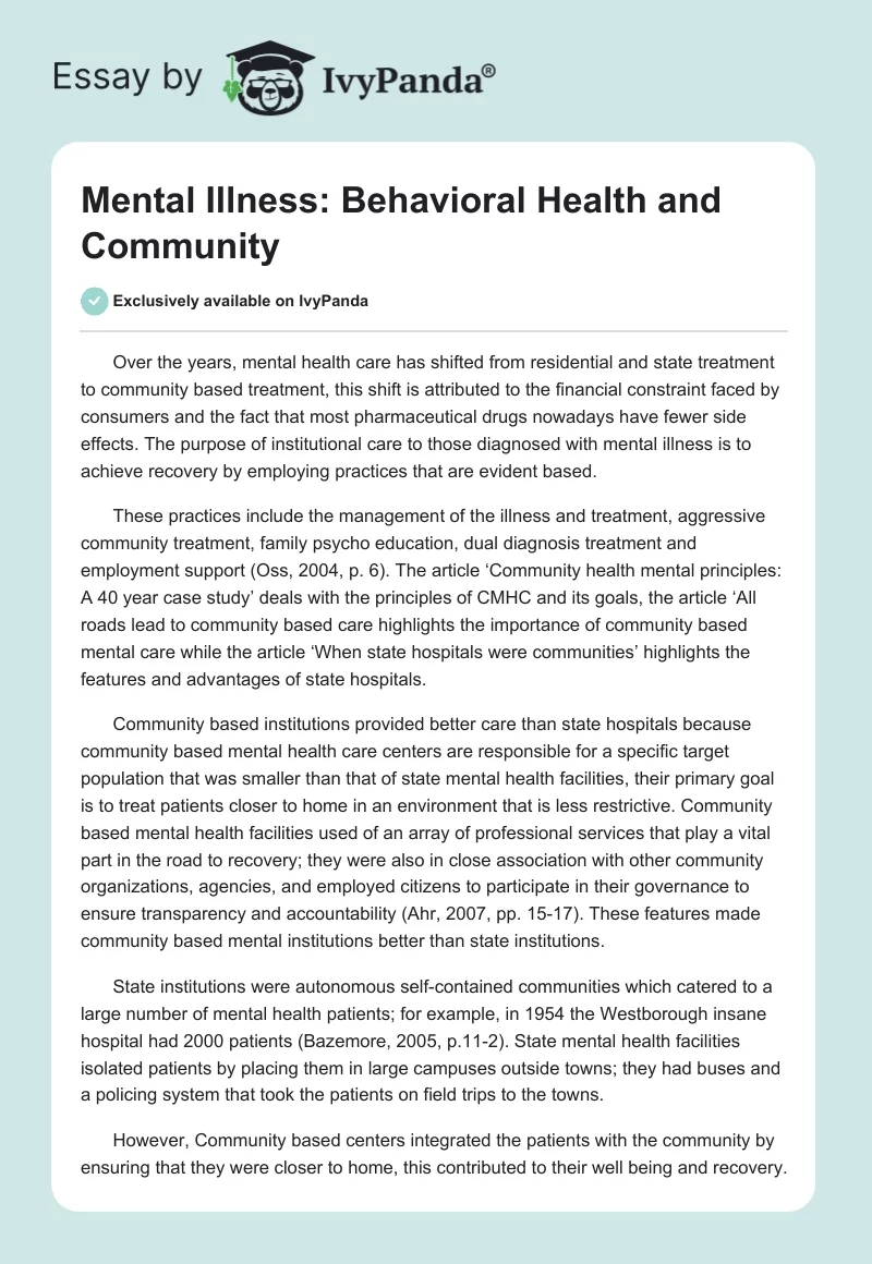 Mental Illness: Behavioral Health and Community. Page 1