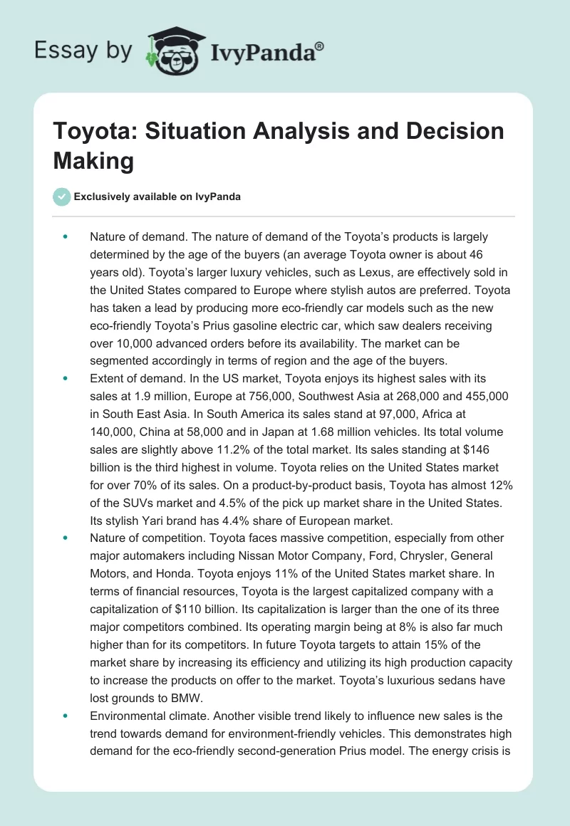 Toyota: Situation Analysis and Decision Making. Page 1