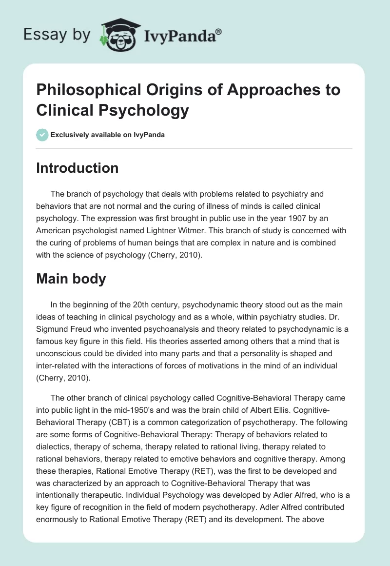 Philosophical Origins of Approaches to Clinical Psychology. Page 1