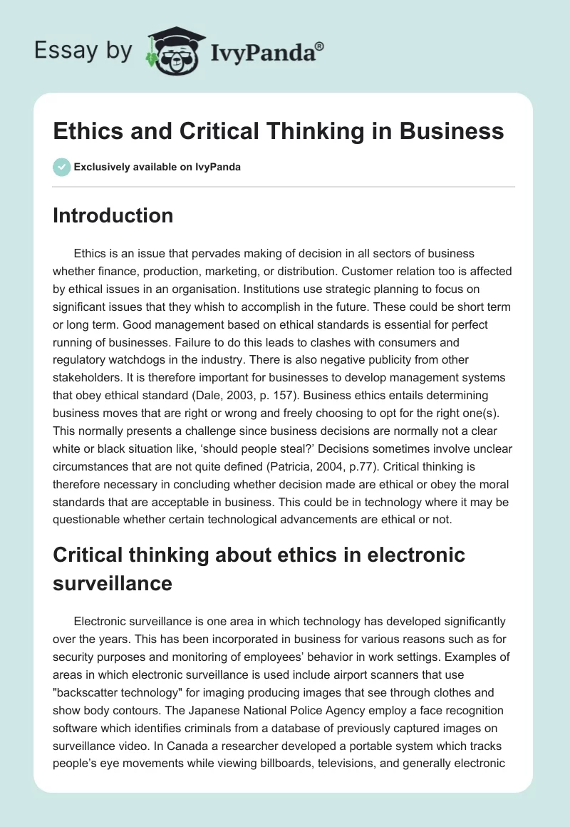 Ethics and Critical Thinking in Business. Page 1