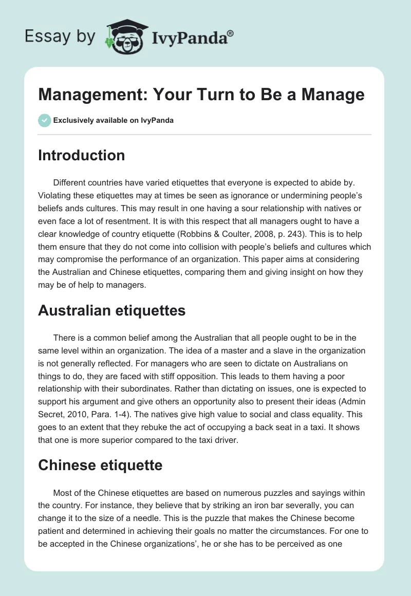 Management: Your Turn to Be a Manage. Page 1