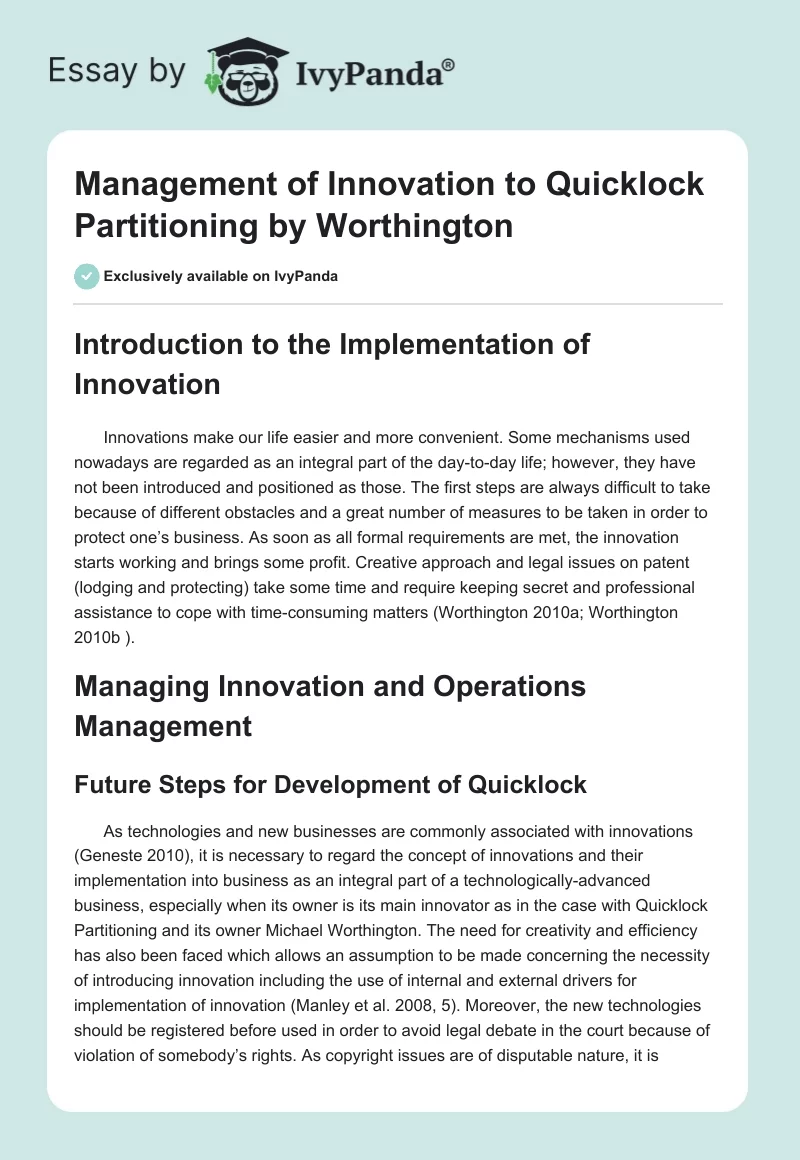 "Management of Innovation to Quicklock Partitioning" by Worthington. Page 1