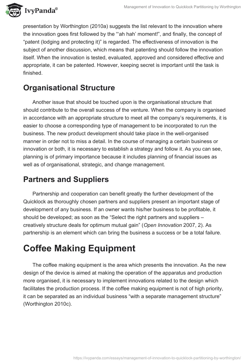 "Management of Innovation to Quicklock Partitioning" by Worthington. Page 3
