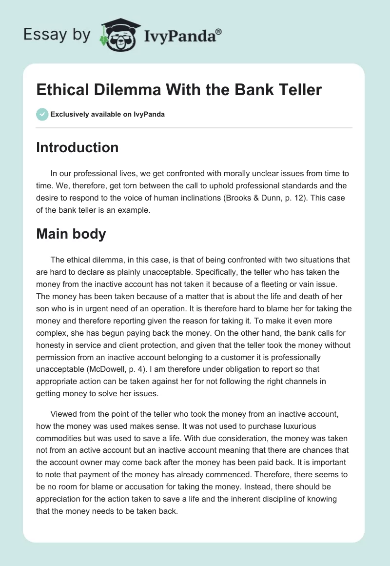 Ethical Dilemma With the Bank Teller. Page 1