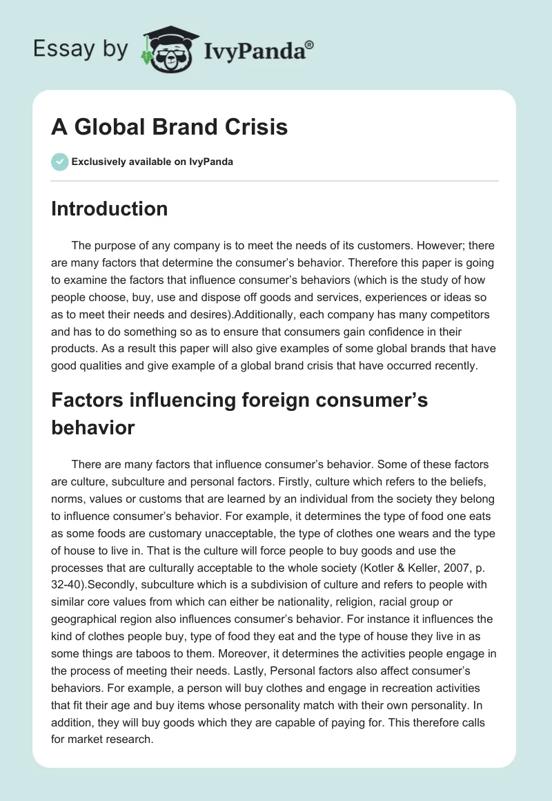 A Global Brand Crisis. Page 1