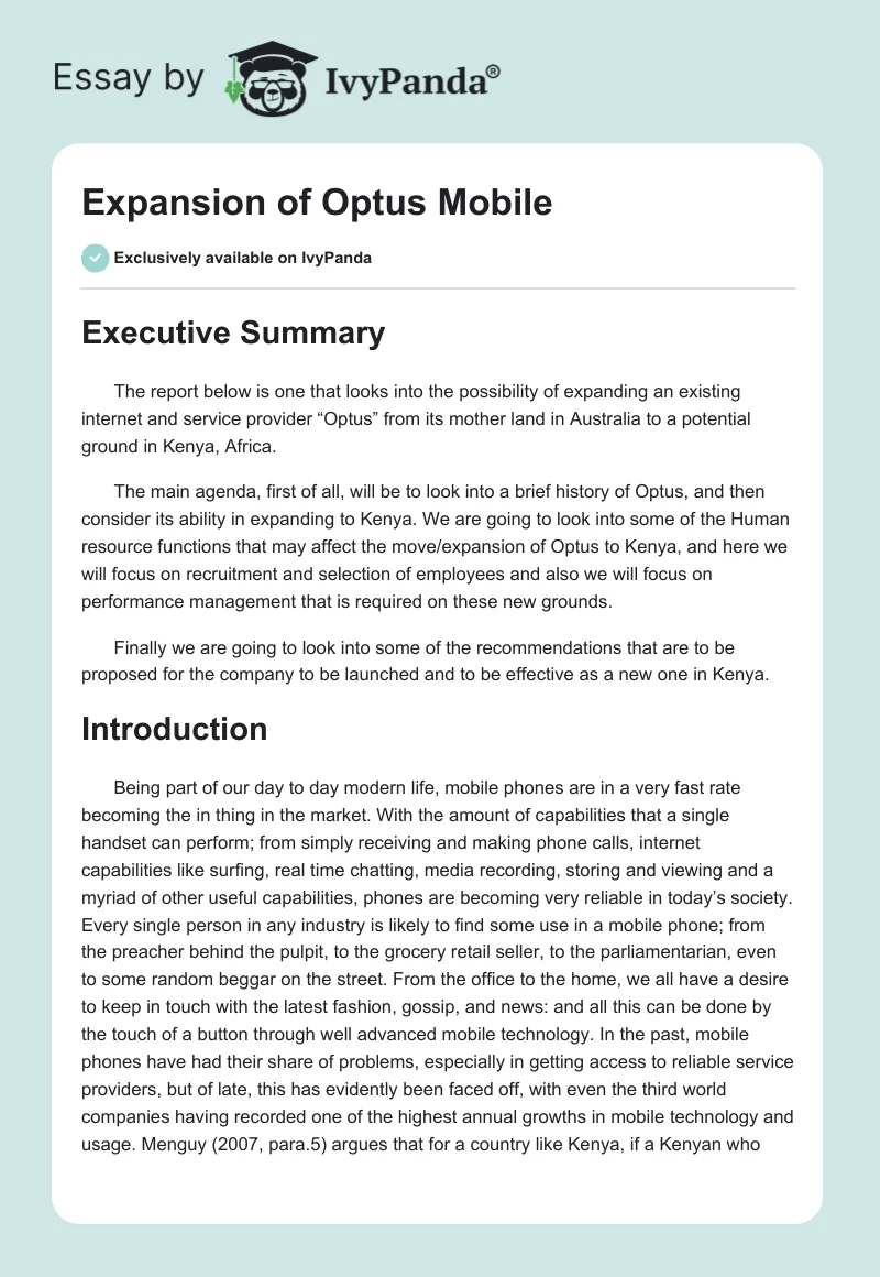 Expansion of Optus Mobile. Page 1