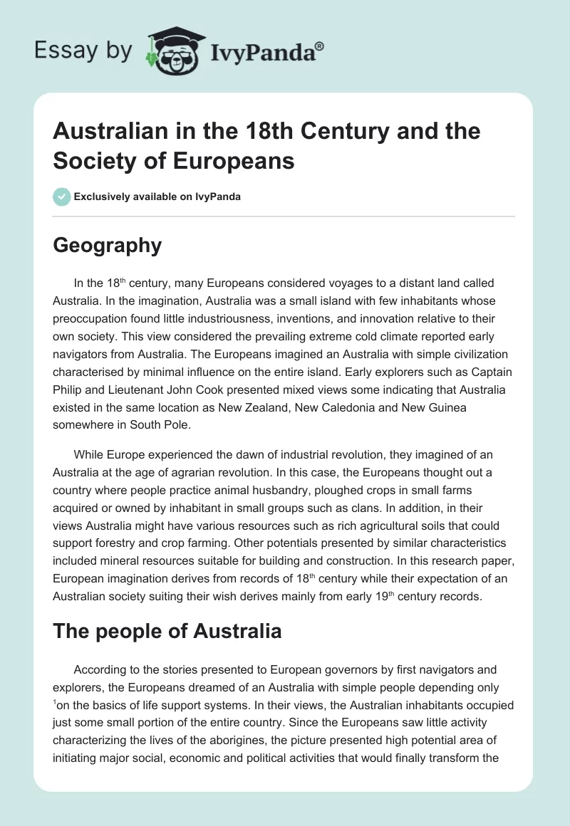Australian in the 18th Century and the Society of Europeans. Page 1