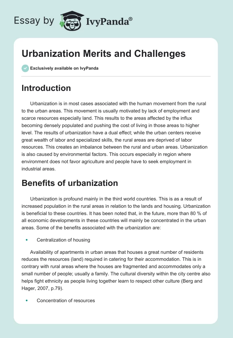Urbanization Merits and Challenges. Page 1