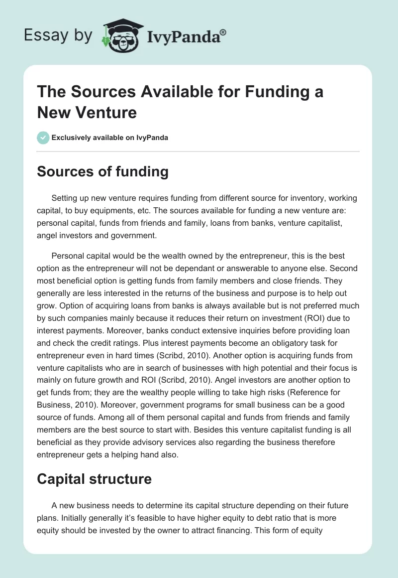The Sources Available for Funding a New Venture. Page 1