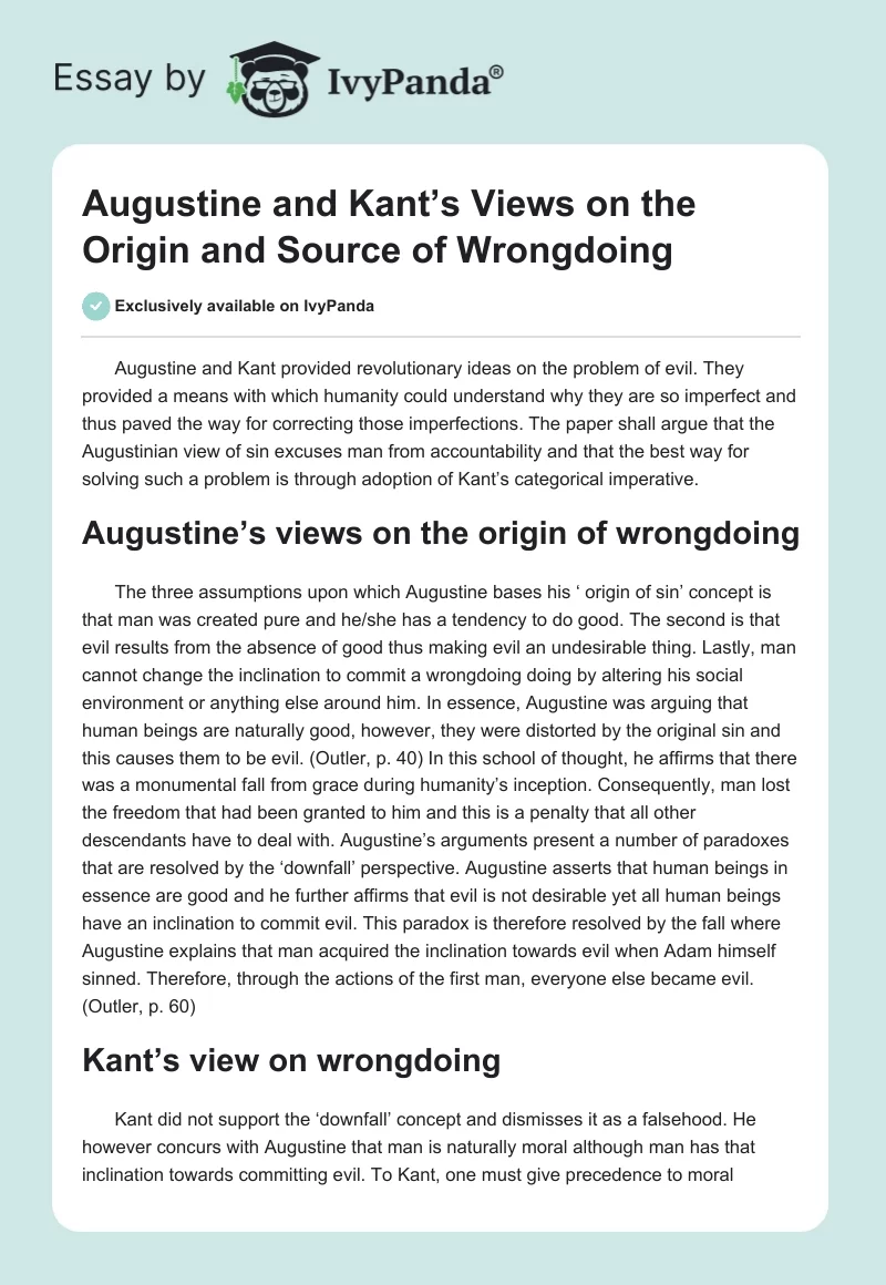 Augustine and Kant’s Views on the Origin and Source of Wrongdoing. Page 1