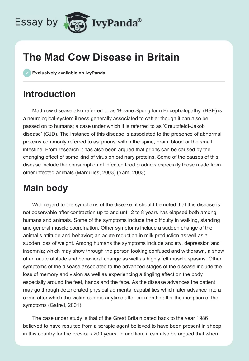 The Mad Cow Disease in Britain. Page 1