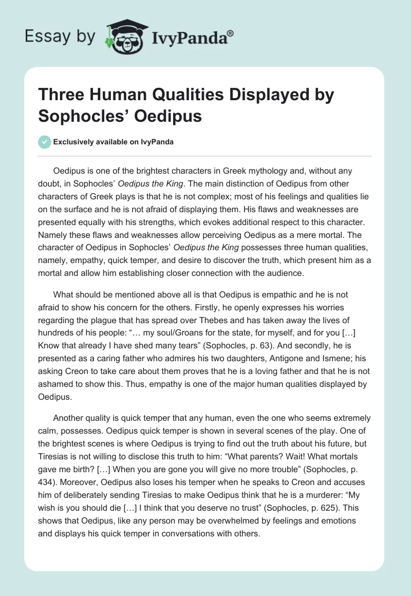 Three Human Qualities Displayed by Sophocles’ "Oedipus". Page 1