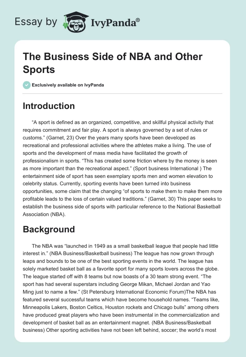 The Business Side of NBA and Other Sports. Page 1