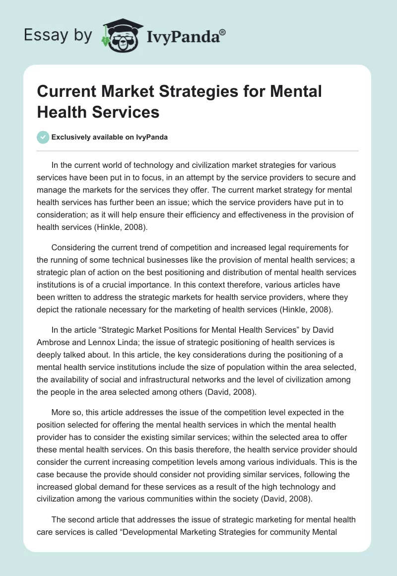 Current Market Strategies for Mental Health Services. Page 1