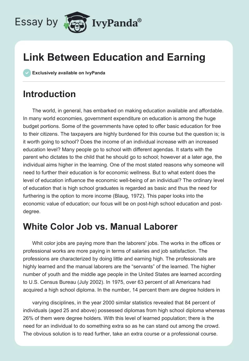 Link Between Education and Earning. Page 1